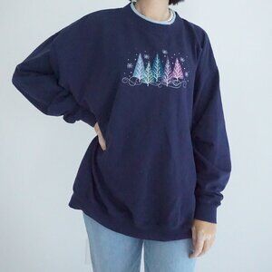 Vintage M&C Sportswear Navy Embroidered Winter Christmas Trees Crew Sweater 2X